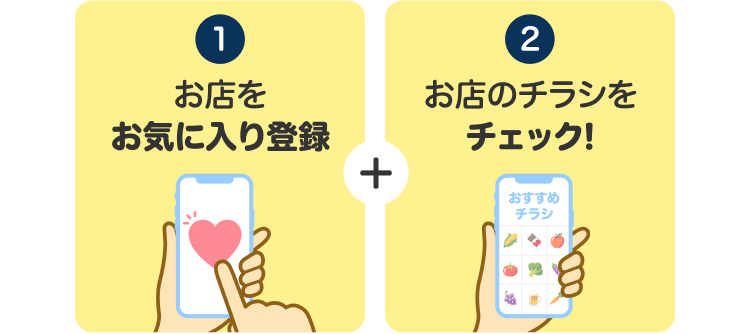 1.お近くのお店をお気に入り登録＋2.お店のチラシをチェック!